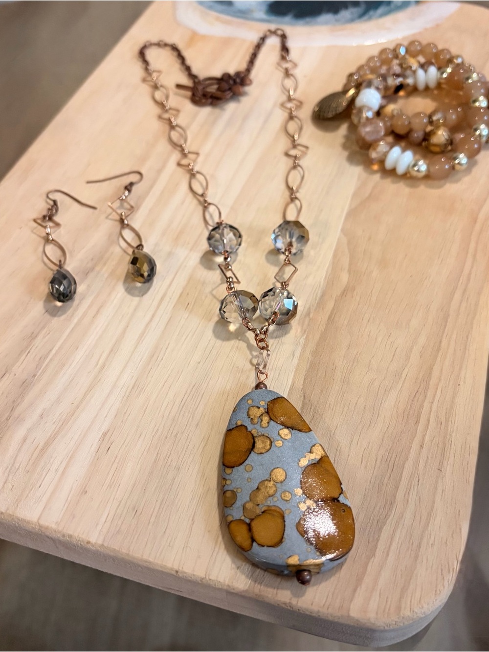 Grey and Copper Teardrop Pendant Necklace with Matching Earrings